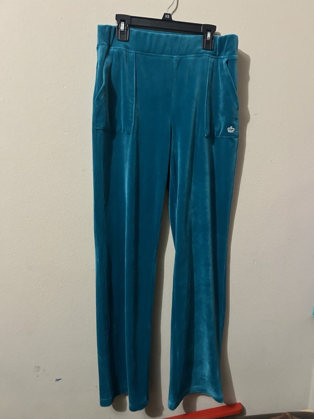 Juicy Couture Women's M Teal Solid Velour Jogger Pants Pull-On Logo Pockets